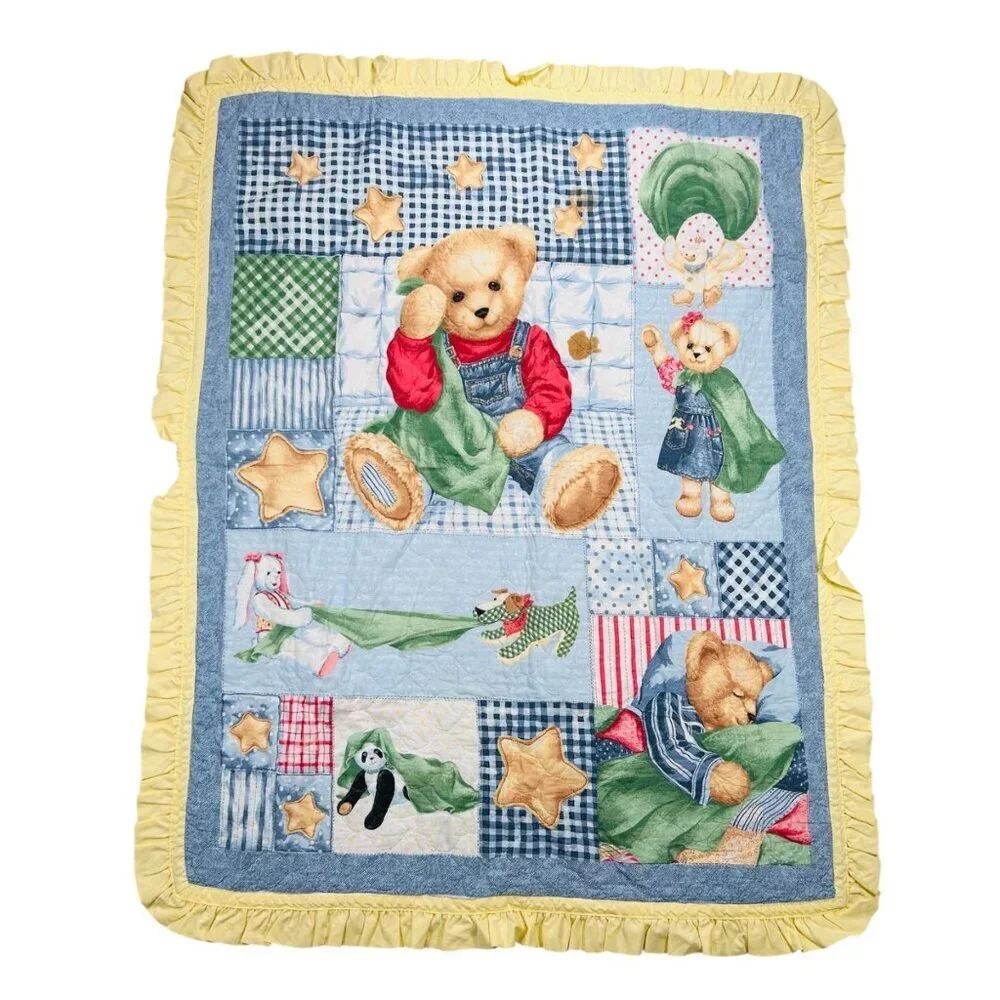 Vtg Blue Jean Teddy Bear Collection Baby Quilt Bedroom Collectible